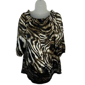 Cache Tunic Top Blouse Size M Silk Animal Print Smocked 3/4 Sleeve Flowy Mobwife